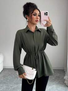 SHEIN Elenzya Women's Elegant French Office Commute Street Snap Utility Shirt, Featuring Shirt Collar, Front Placket, Waist Drawstring, Bowknot, Long Sleeve, Suitable For Spring, Autumn And Winter - Army Green - View 5