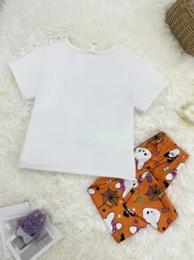 بيجامة بناتية للأطفال الصغار بطبعة أرنب وقرع هالوين، ملابس علوية بأكمام قصيرة وبنطلون