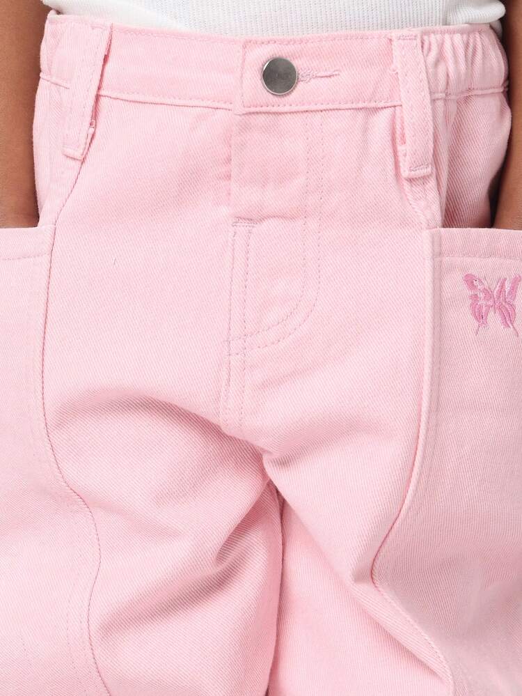 バレルカットのピンクのワイドレッグデニムパンツ