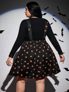SHEIN CURVE+ Vestido casual con tirantes de mujer talla grande con estampado de calabaza y bolsillo, para otoño/invierno - Negro - Ver 2
