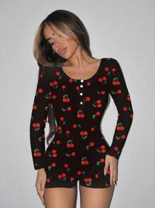 SHEIN SXY Damen lässiger Kirschblüten-Muster V-Ausschnitt Jumpsuit, figurbetonend mit Langarm, für Frühling/Herbst - Schwarz - Übersicht 3