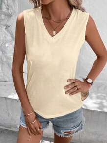 EMERY ROSE Apricot Plus Size Simple Versatile Fitted V-Neck Women's Tank Top, Suitable For Summer, Holiday For Women - Apricot - View 3