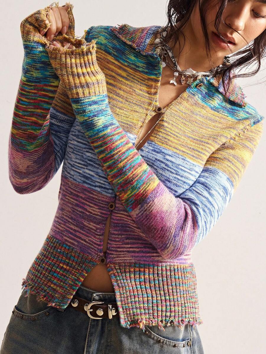 Bohemela Áo len dệt kim tay dài chắp vá nhiều màu sắc dành cho nữ Áo len dệt kim nhiều màu sắc dành cho nữ Áo len dệt kim kẻ sọc dành cho mùa thu/đông - Nhiều màu - Xem 1