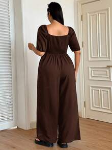 SHEIN EZwear Plus Size Women's Solid Color Puff Sleeve Loose Casual Summer Jumpsuit Brown Jumpsuit Women Puff Sleeve Brown Jumpsuit Casual Jumpsuits For Women - Brown - View 3