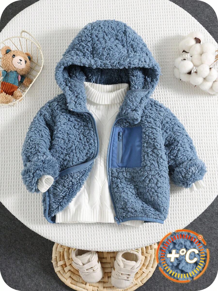 SHEIN Autumn/Winter Cute Blue Fluffy Stand Collar Zip-Up Jacket, Unisex Baby/Toddler Clothes Fall - Multicolor - View 1