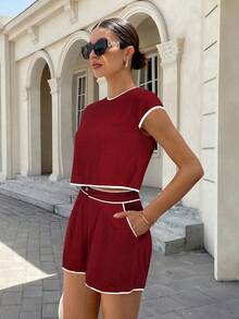Siren Gaze Ensemble short femme d'été de couleur unie avec bordure contrastée, tenue 2 pièces en lin pour femmes - Rouge foncé - Voir 6