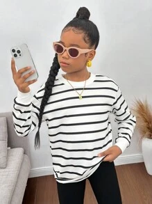 青少年女孩休闲条纹圆领套头衫 - 黑與白 - 查看 3