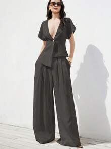 Aveloria Modichic Women's White Linen-Like Asymmetrical V-Neck Loose Textured Casual Vacation Versatile Wide Leg Pants 2 Pieces Set - Grey - View 6