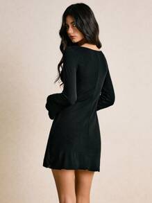 Poéselle Women's Black Minimalist Casual Hollow Out Long Sleeve Short Dress,Black Mini Dress,Elegant Dresses,Business Casual Woman,Office Outfits For Women,Old Money Style Women,Classy Outfits For Women, Fall Clothes For Women,Winter Clothes For Women