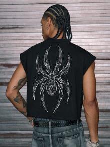 AXEPEAK 高街时尚上衣男士宽松无袖 T 恤蜘蛛图案水钻装饰背心，2000 年代风格 - 黑色 - 查看 4