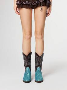 ROMWE Fairycore 2025年新款时尚刺绣亮片拼接女士圆头中筒靴V型开口长筒马靴粗跟修身百搭PU高筒靴女