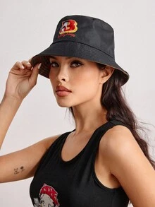 Betty Boop | ROMWE Letter & Cartoon Figure Graphic Reversible Bucket Hat - Black - View 6