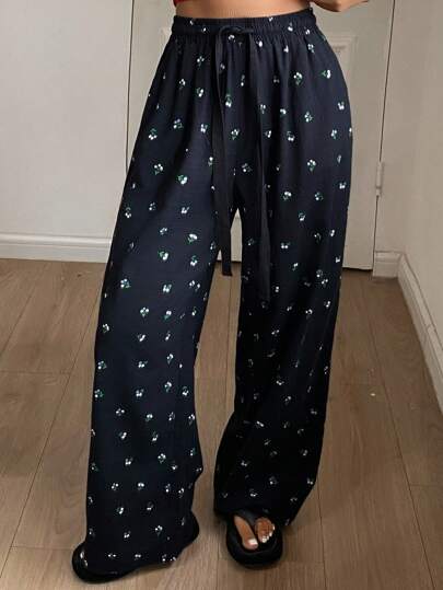 DAZY Ditsy Floral Drawstring Loose Long Pants Loungewear, Fall Pajama