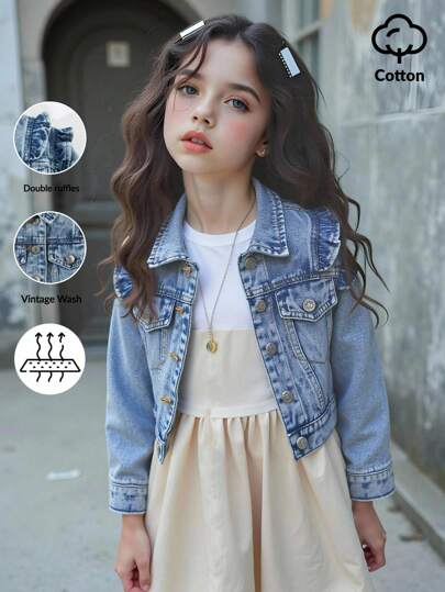 Chaqueta y abrigo de mezclilla para niñas, chaqueta de mezclilla azul claro cómoda con mangas largas y volantes, adecuada para uso diario y viajes, chaqueta de mezclilla de otoño/invierno