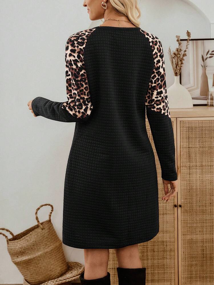 Sudadera casual de mujer con mangas raglán y estampado de leopardo, vestido largo de manga larga con estampado de leopardo, vestido casual negro, vestido con estampado animal, vestido con estampado de guepardo para otoño/invierno