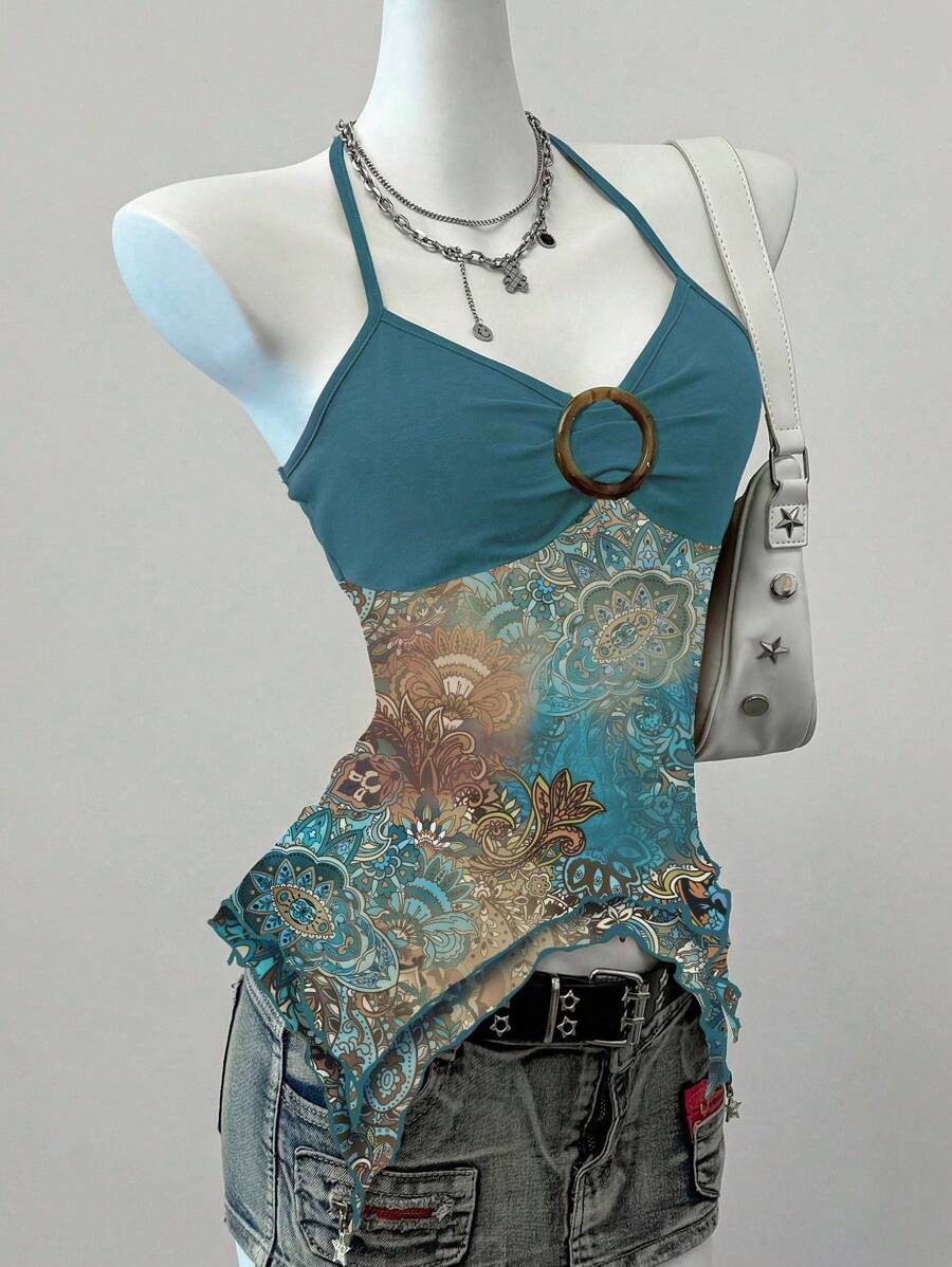 SHEIN EZwear 印花网眼性感吊带系带露背女式衬衫