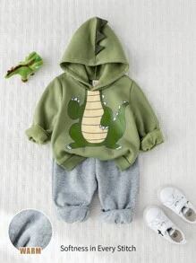 Cozy Pixies 2pcs Baby Boy Cartoon Dinosaur Pattern Hooded Long Sleeve Sweatshirt And Elastic Waist Pants Set Fall Winter