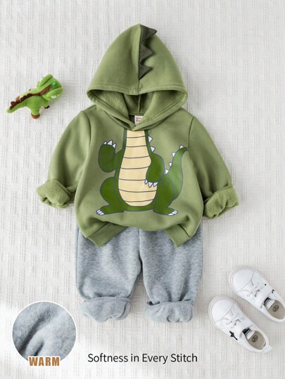 Cozy Pixies 2pcs Baby Boy Cartoon Dinosaur Pattern Hooded Long Sleeve Sweatshirt And Elastic Waist Pants Set Fall Winter
