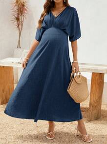 SHEIN Maternity Solid Color V-Neck Batwing Short Sleeve Pleated Dress - Navy Blue - View 3