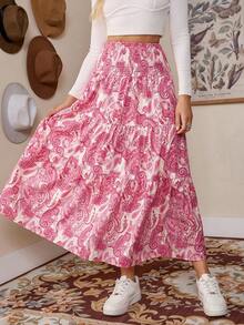 LanaWest Women's Boho Printed Drawstring Waist Long Skirt For Vacation And Daily Casual Wear, Spring/Summer