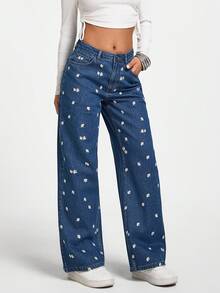 EURMUSE Low Waist Embroidery Detailed Straight Jean Daisy Jeans Flower Jeans Embellished Jeans Jeans With Embroidery Embroidered Jeans - Medium Wash - View 7