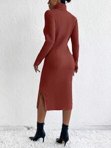 EURMUSE Vestido de punto ajustado de cuello alto de unicolor de otoño/invierno - Marrón - Ver 2