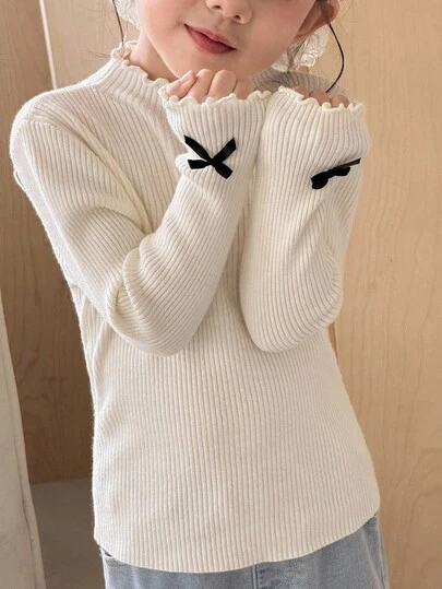 SHEIN Áo len len cổ đứng rộng rãi, thường ngày, trang trí nơ 3D cho bé gái, Quần áo bé gái, Áo len trẻ mới biết đi, Quần áo mùa đông cho bé gái, Áo len bé gái