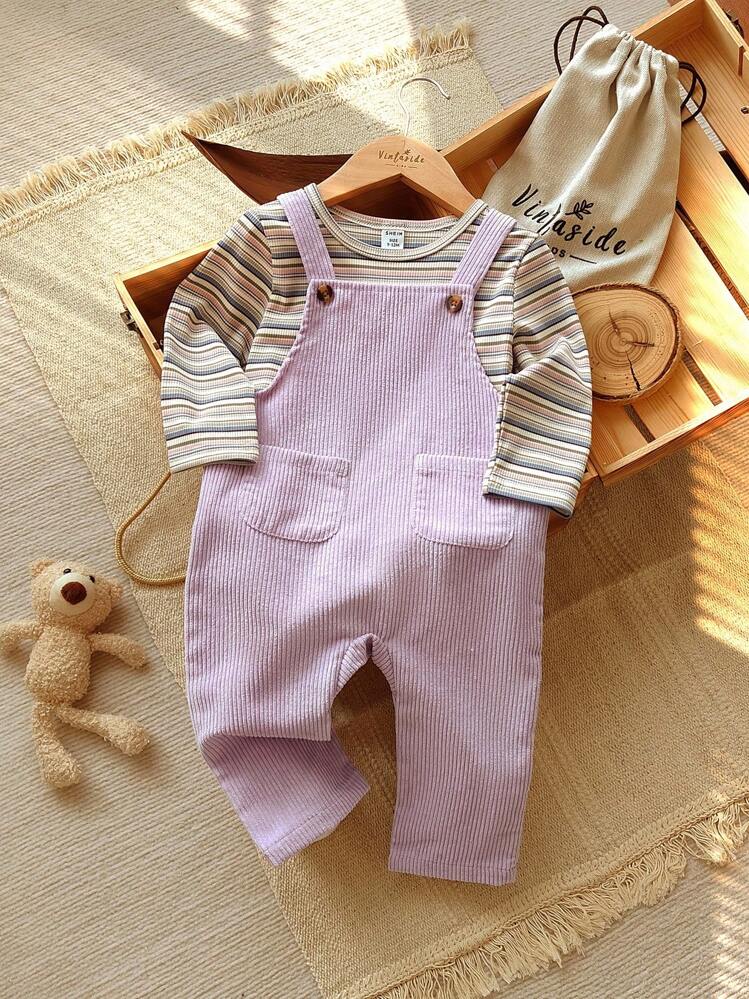Vintaside Kids 女婴秋季圆领长袖条纹上衣搭配灯芯绒休闲连体裤套装，舒适保暖，适合温和天气穿着 - 彩色 - 查看 1