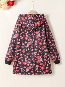 SHEIN Vintaside Kids Chaqueta acolchada con capucha de felpa vintage con estampado floral de longitud media para niña preadolescente, apta para otoño/invierno, vacaciones, verano y viajes - Negro - Ver 2