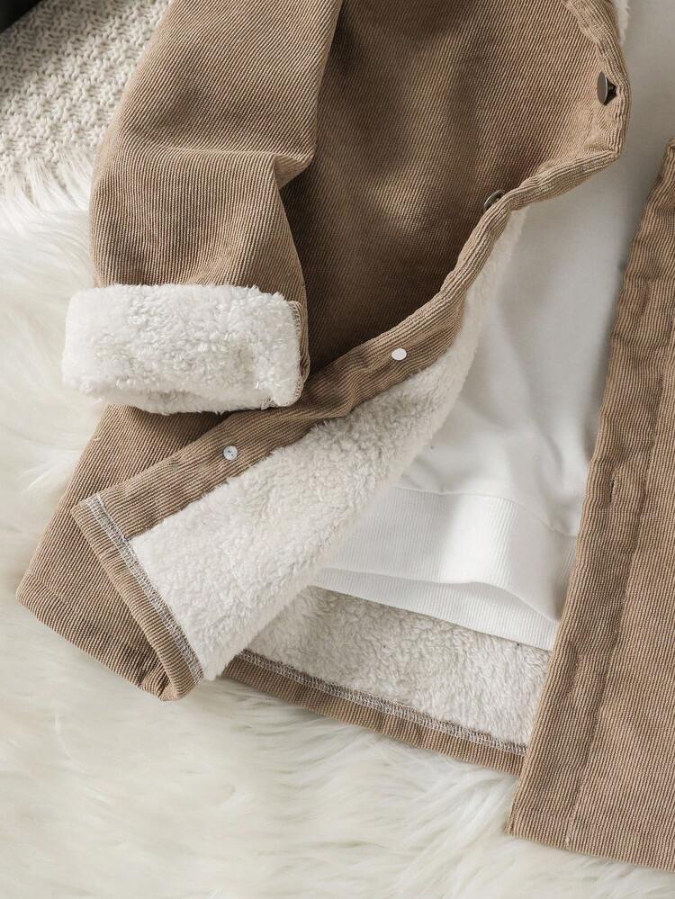 超大码男童休闲灯芯绒口袋贴片米色衬衫领夹克，宽松舒适，适合秋季、春季、夏季，适合日常穿着、通勤、户外、运动、学校、街头服饰、派对和拍照 - 卡其色 - 查看 5