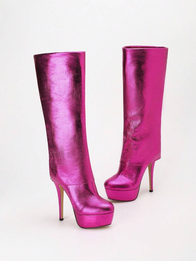 CUCCOO LuxiPop Women's Sexy Fashion Thigh High Boots, Platform Thick Sole High Heel Slip-On Boots, Magenta, Suitable For Halloween, Christmas, Party, Nightclub, Pink