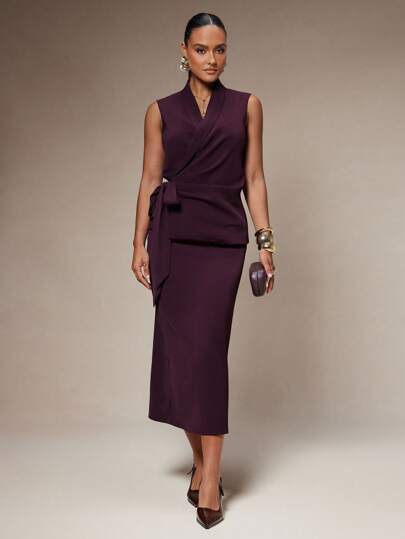 Silquee High-End Series Summer Solid Color Wine Red Early Autumn Overlapping Straps Women Fashion Ladies Casual Elegant Business Vest Skirt Suit Suit Front Slit Skirt Suit Suitable For Going Out To Work Office Women Business Casual Women's Wear Daily Leisure Suit Two-Piece Suit Two-Piece Skirt Suit Formal Two-Piece Vest Skirt Suit Two-Piece Neutral Two-Piece Suit