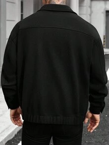 Manfinity Homme 男士休闲长袖纽扣外套，秋冬季，男士秋冬轻奢成熟休闲粗花呢翻领口袋保暖弹力袖口大衣 - 黑色 - 查看 2