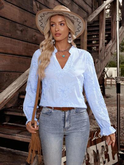 LanaWest Camisa de mujer de manga larga con cuello en V, estampado floral y rayas, de estilo minimalista para vacaciones