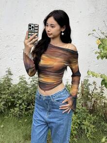 SHEIN Vintage Ombre Leopard Print Off Shoulder Flare Sleeve Elegant T-Shirt For Teen Girls