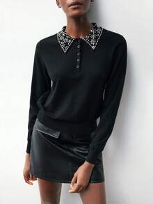 Maija 女士休闲纽扣和水钻装饰半拉链毛衣