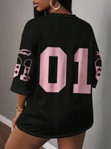 Slaydiva Casual Minimalist Pink Letter & Number 01 Pattern Women T-Shirt, Suitable For Summer