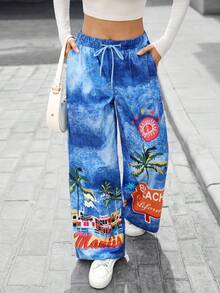 SHEIN LUNE 休闲时尚个性阔腿宽松抽绳女式牛仔裤 - 藍色 - 查看 4