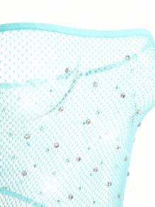 ChaseTheNight 2pcs Sexy & Glamorous Asymmetric Design Rhinestone Decor Sheer Romper + G-String Women Lingerie Set For Rave, Going Out - Mint Green - View 4