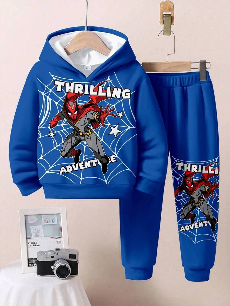 SHEIN 2 件套年轻男孩宽松休闲卡通蜘蛛图案连帽衫和裤子，舒适运动风格，蓝色，适合秋冬季 - 彩色 - 查看 2