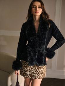 MOTF PREMIUM FURRY TRIM CONTRAST SEQUIN CARDIGAN FOR AUTUMN & WINTER - Black - View 6