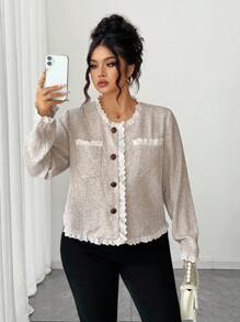 Elenzga Plus Size Women Elegant Lace Trim Cardigan Fall Winter Cloth For Women Autumn - Multicolor - View 1