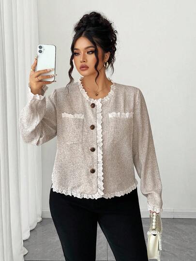 Elenzga Plus Size Women Elegant Lace Trim Cardigan Fall Winter Cloth For Women Autumn
