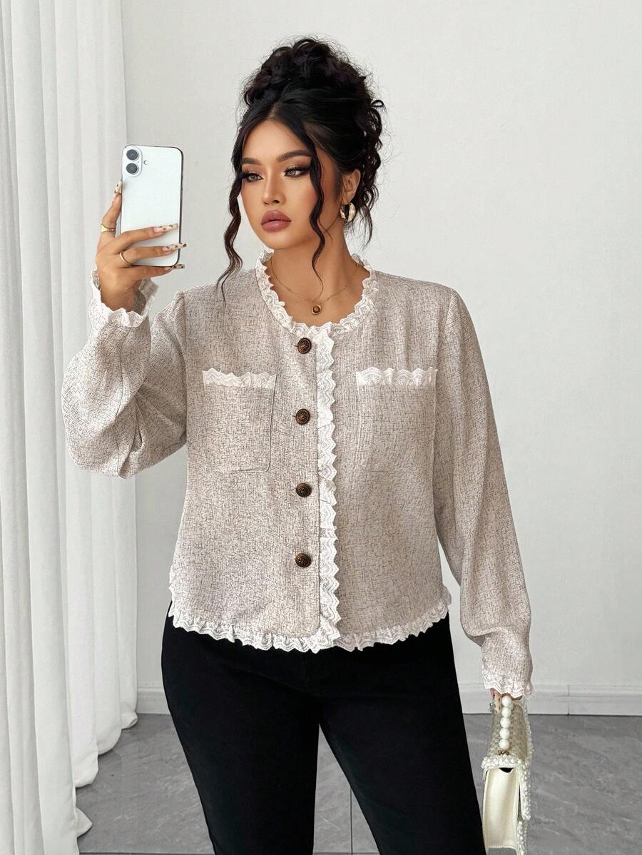Elenzga Plus Size Women Elegant Lace Trim Cardigan Fall Winter Cloth For Women Autumn - Multicolor - View 1