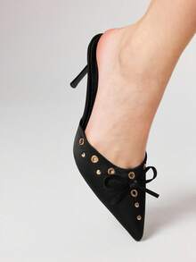 ROMWE Grunge Punk Black Pointed Toe Bowknot Decor High Heel Pumps For Women, Elegant Style, Spring/Summer - Black - View 3