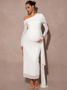 MaterniChic 孕妇纯色不对称肩带设计修身优雅连衣裙 - 白色 - 查看 5