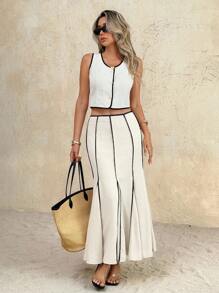 SHEIN Frenchy 女士优雅撞色滚边鱼尾下摆半身裙，秋季女士，返校，乡村音乐会，商务休闲女士，女士教师，女士约会之夜，女士生日，女士早午餐，西方女装，商务休闲女士 - 杏色 - 查看 4