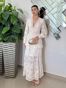 Andrea Bello V-Neck Puff Sleeve Cinched Waist Elegant Dress Maxi Women Outfit