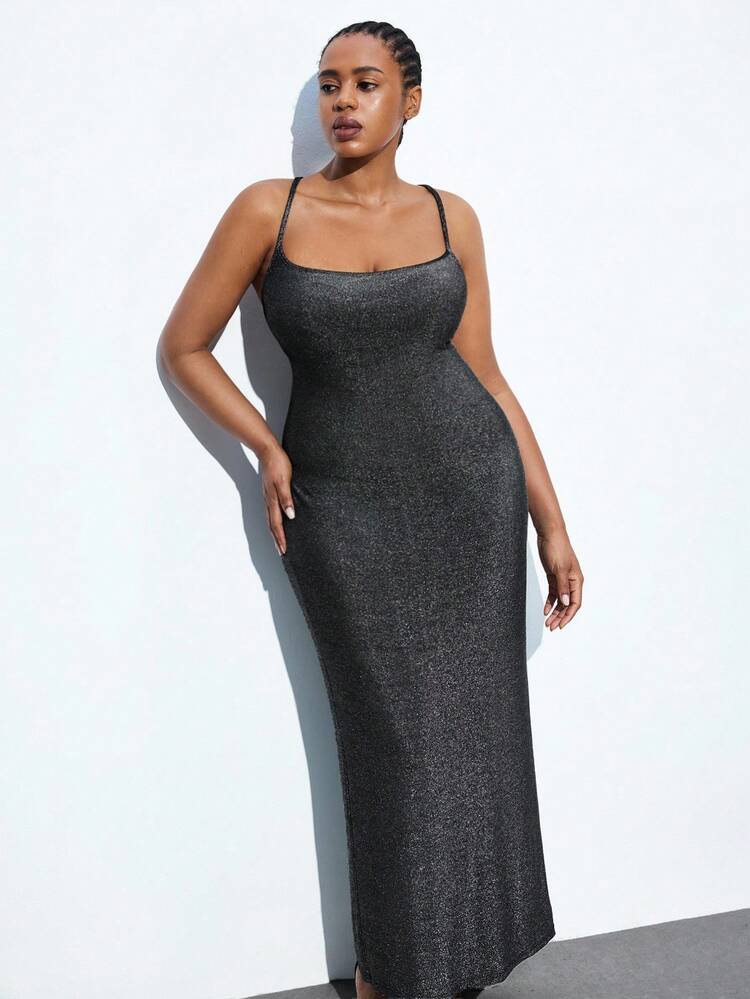 Maija Plus Size Black Glitter Bodycon Mini Dress, Black Metallic Slip Dress, Backless Criss-Cross Dress, Extra Long Dress, Outerwear Top, Graduation Dress, Teacher Outfit, Outerwear Top, Women's Business Casual Wear, Plus Size Fall Outfit, Women's Night Out Attire, Plus Size Women's Business Casual Wear Halloween Christmas National Day Clothes New Year Clothes - Black - View 5