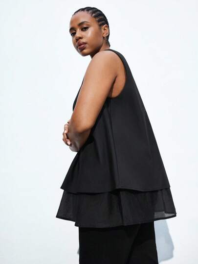 Maija Plus Size Women's Solid Color V-Neck Double Hem Loose Sleeveless Casual Shirt Fall Women Clothes Modest Vintage Clothes Women Old Money Going Out Tops Women Business Casual Woman Fall Clothes Plus Size Date Night Outfits Women Business Casual Woman Curve Fashion Versatile Comfortable Elegant Simple Daily Wear Halloween Christmas National Day Clothes New Year Clothes